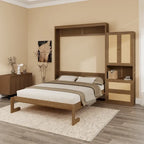 Lit escamotable en bois massif et rotin avec armoire latérale de rangement