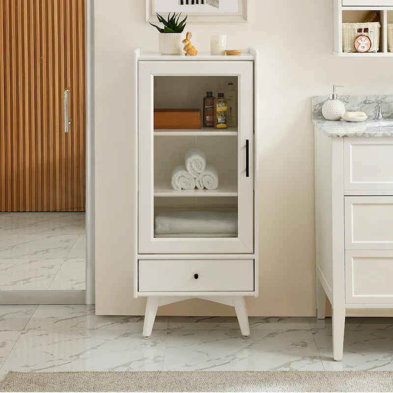 Meuble de Rangement de Salle de Bain Moderne avec Porte Vitrée et Deux Étagères Réglables et Tiroir