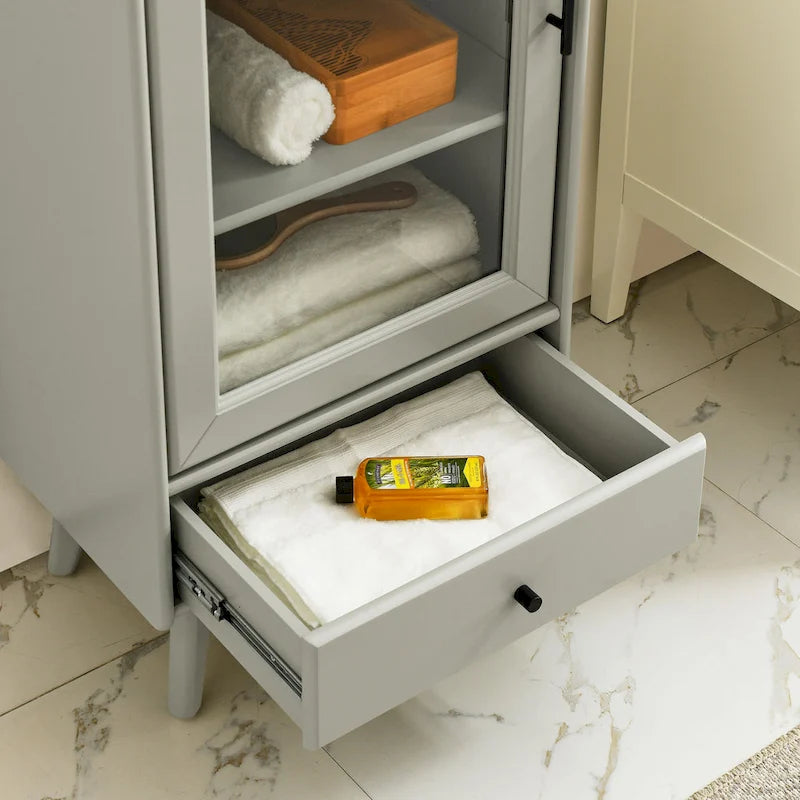 Meuble de Rangement de Salle de Bain Moderne avec Porte Vitrée et Deux Étagères Réglables et Tiroir