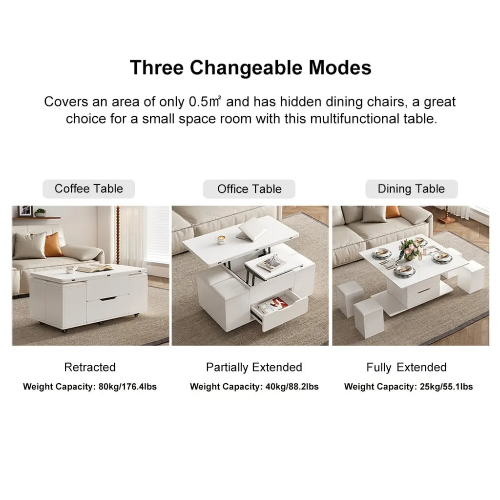 Table basse relevable et pliable avec 4 tabourets et rangement