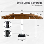 MAISON ARTS Parasol de marché extérieur rectangulaire de 4,5 m avec manivelle, double face, lumières LED solaires et base incluse
