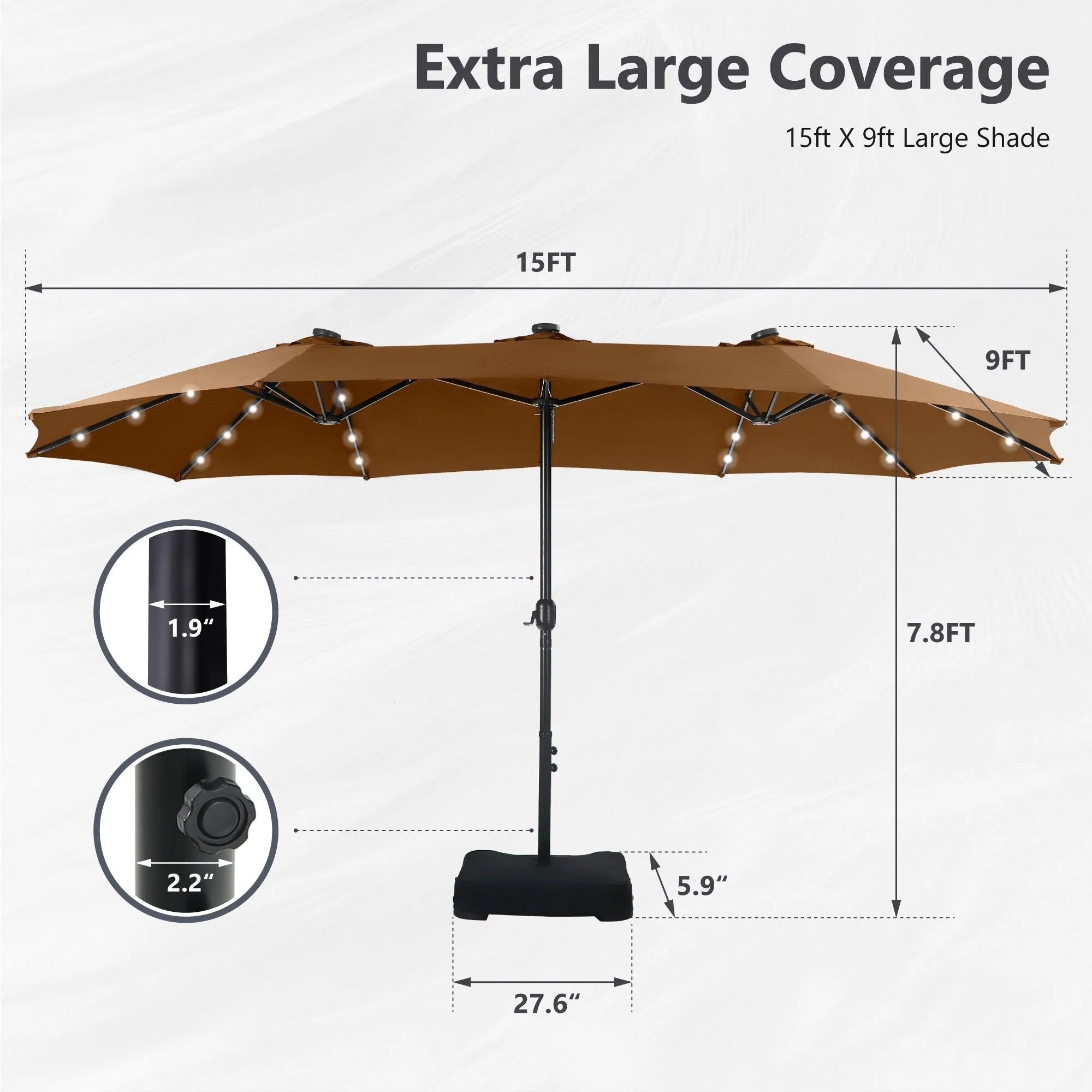 MAISON ARTS Parasol de marché extérieur rectangulaire de 4,5 m avec manivelle, double face, lumières LED solaires et base incluse