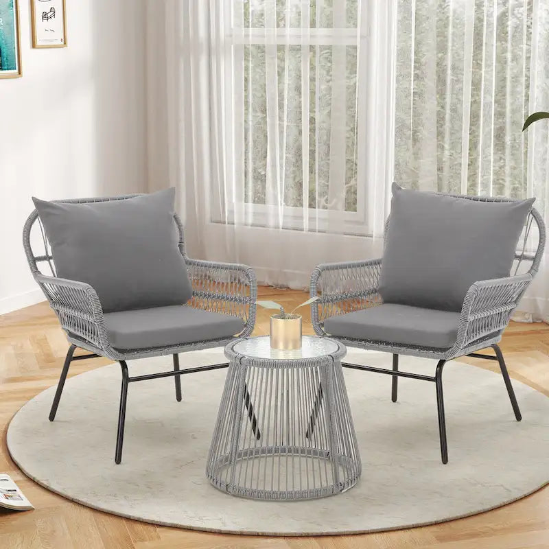 Ensemble de bistro 3 pièces pour terrasse, salon de jardin en rotin d'extérieur avec table en verre et 2 fauteuils larges, coussins d'assise