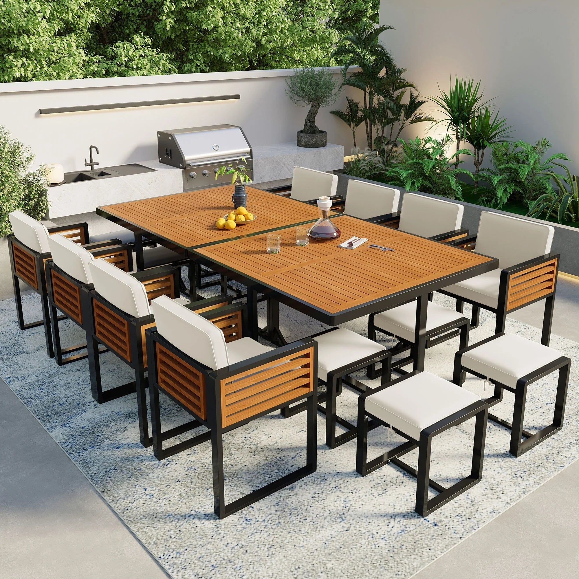 Ensemble de salle à manger de patio en bois d'acacia de 18 pièces, 8 chaises coussinées et 8 poufs et 2 tables carrées