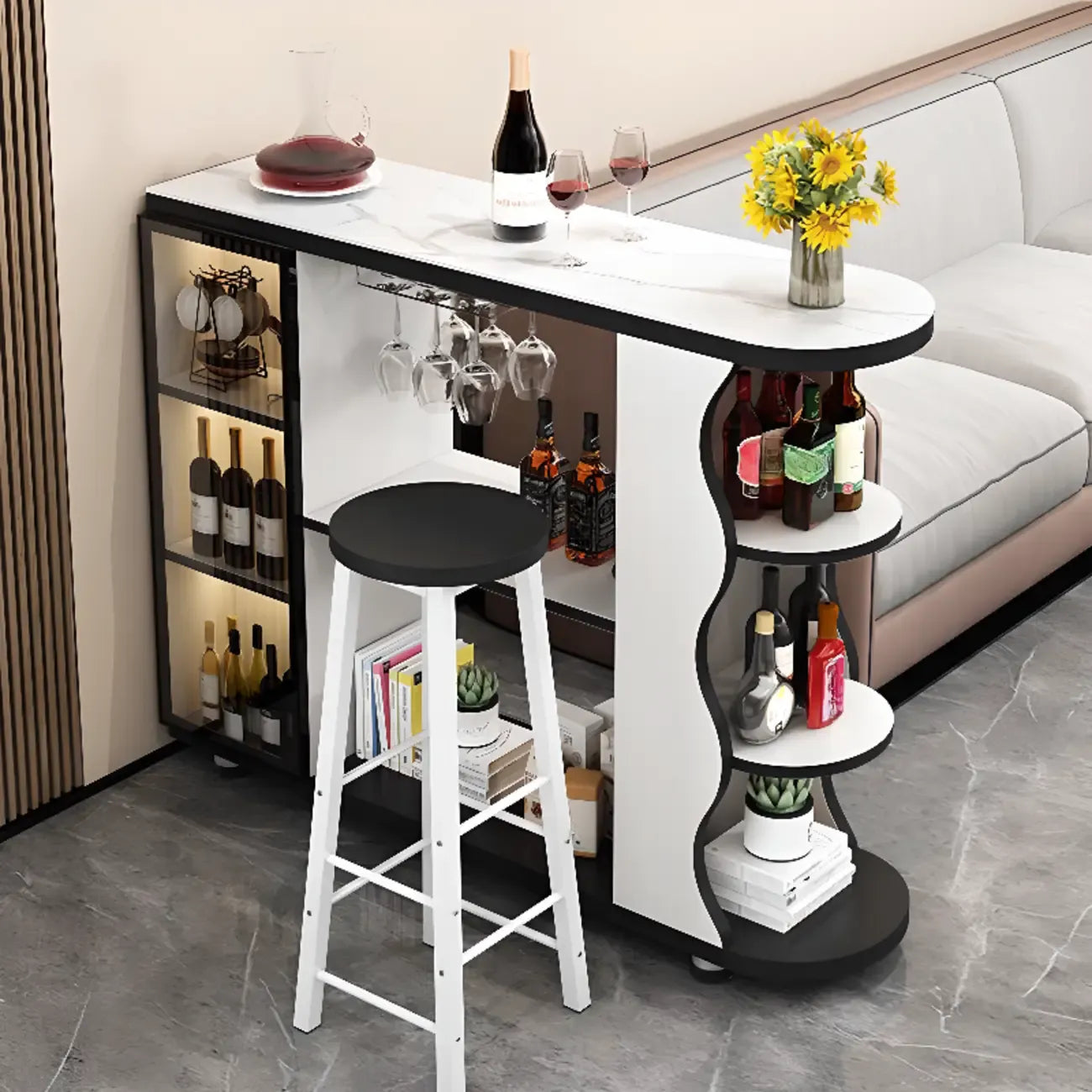 Table de bar îlot avec plateau en pierre et rangement pour bars à domicile