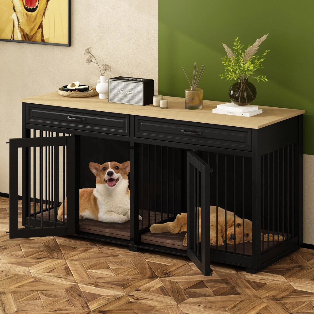 Meuble Niche Double pour Chiens en Bois avec 2 Tiroirs et Séparateur