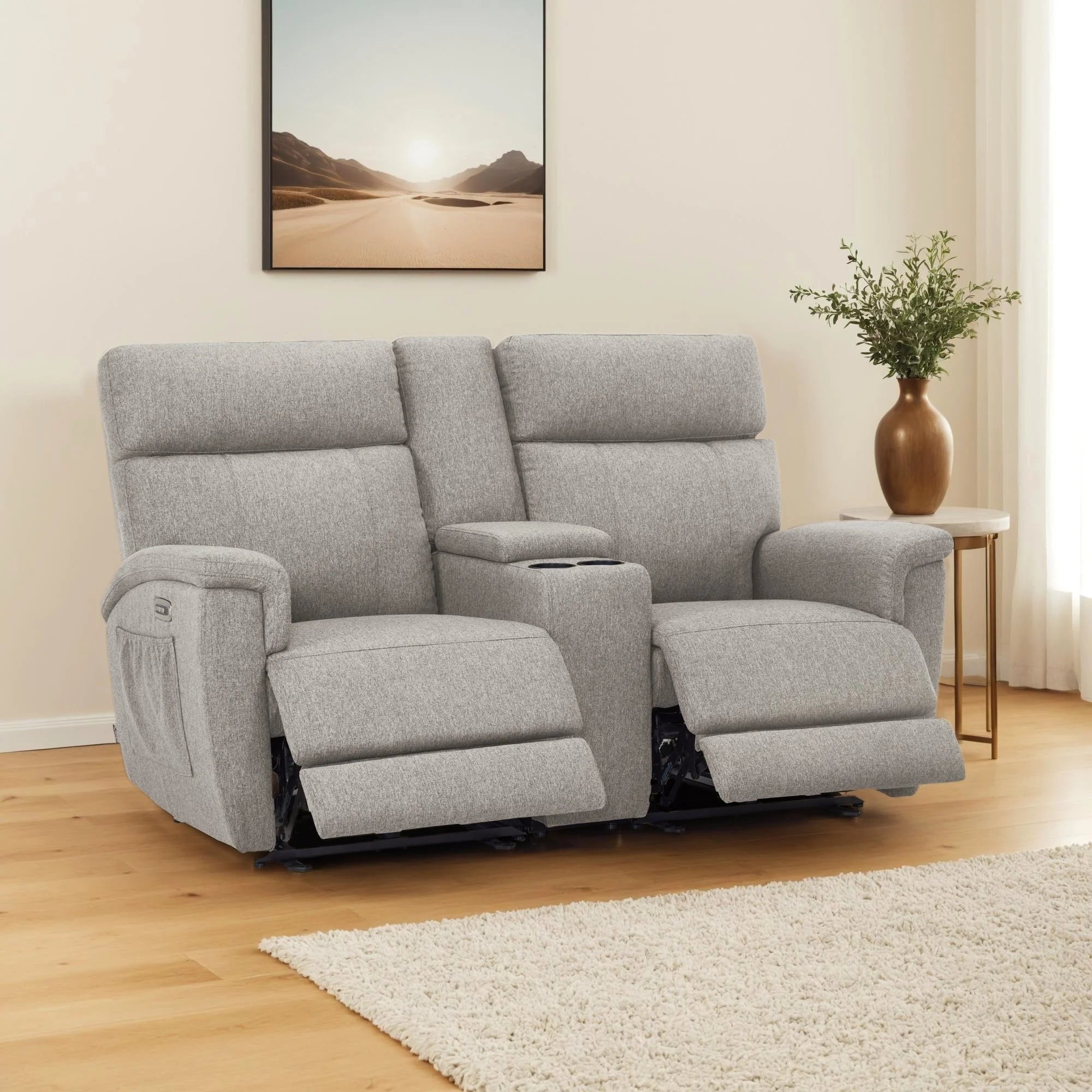 Canapé inclinable électrique biplace MCombo 60.2 avec massage et double chauffage, appuie-tête réglable, ports USB et USB-C, en tissu