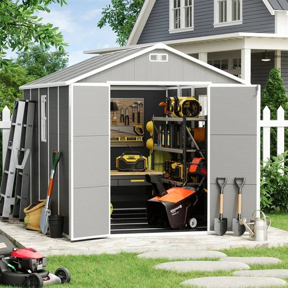 Abri de jardin en résine toutes saisons avec plancher de 1,8 m x 1,2 m / 1,8 m x 2,4 m / 2,4 m x 1,8 m / 2,4 m x 3 m, abri à outils Spire