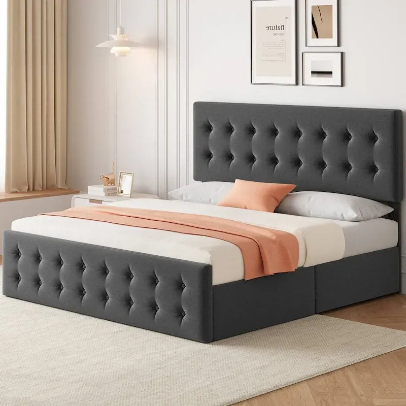 Cadre de lit King Size avec 4 tiroirs de rangement et tête de lit