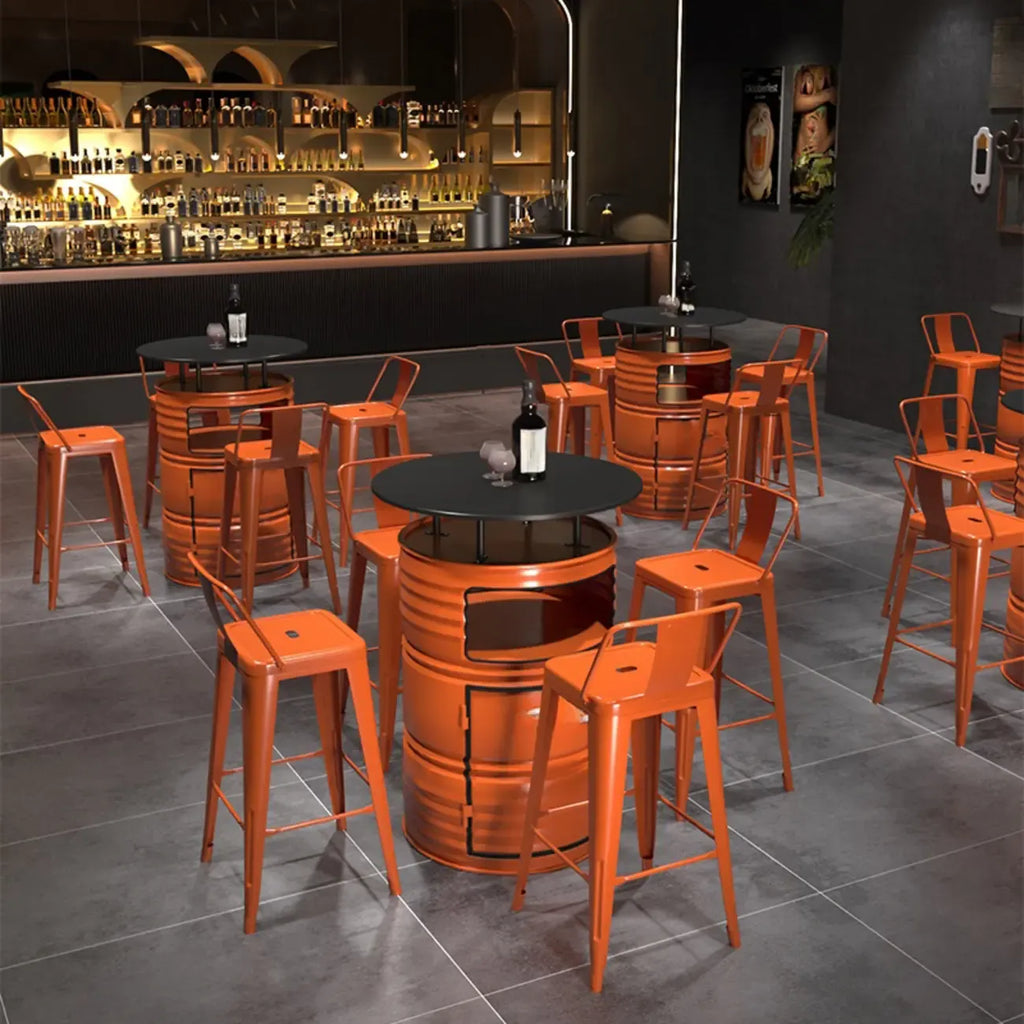 Tables de bar de rangement industrielles en métal noir et orange en forme de fût