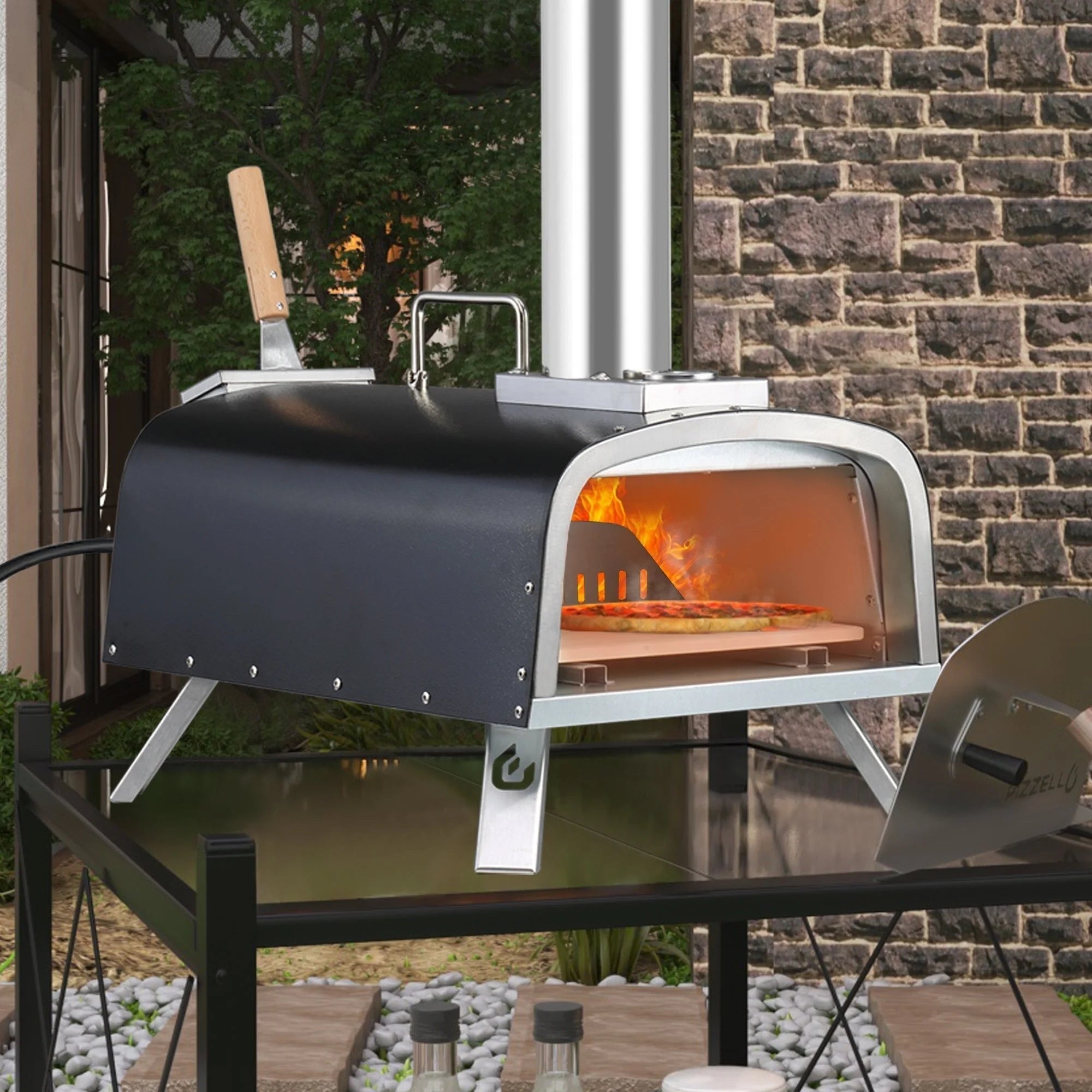 Four à pizza d'extérieur multi-combustibles avec brûleur à gaz et boîte à bois - 30 cm
