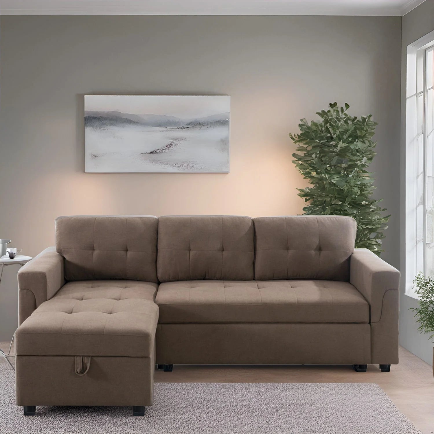 Canapé d'angle réversible convertible avec lit gigogne, méridienne avec rangement dissimulé et pieds durables