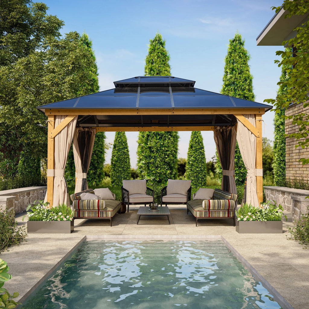 Tonnelle EROMMY à toit rigide, pergola extérieure avec double toit, moustiquaire et rideaux, auvent robuste pour patio, jardin, fête au bord de la piscine