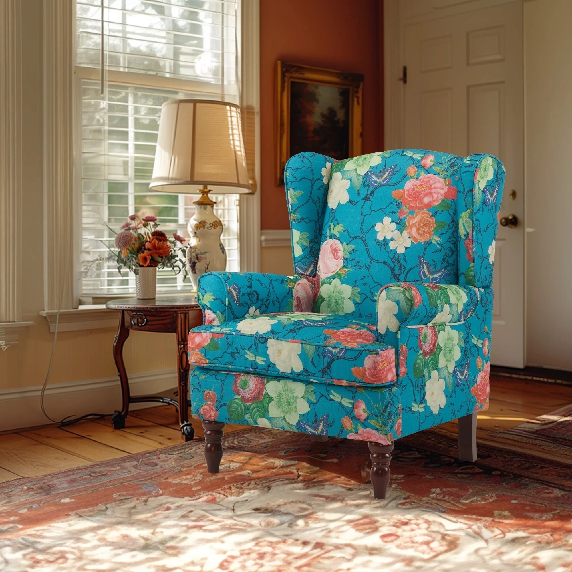 Fauteuil d'appoint moderne Erommy, fauteuil à dossier haut, canapé individuel en tissu capitonné avec pieds en bois pour salon