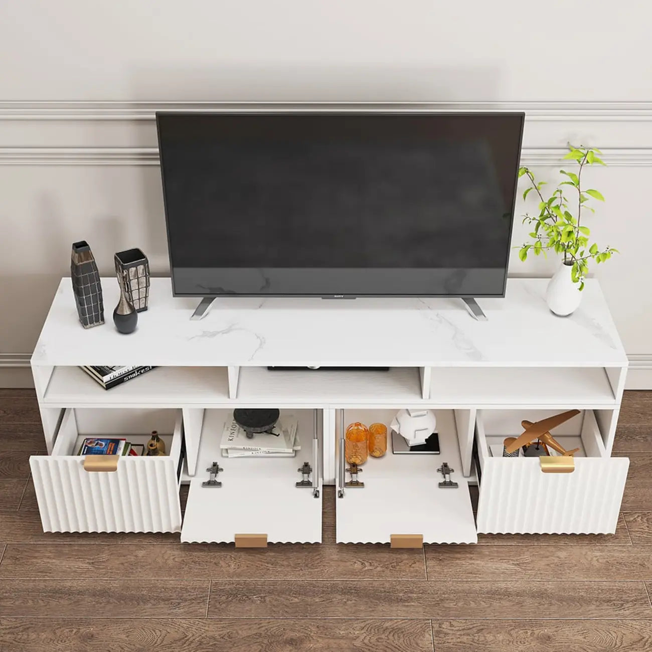 Meuble TV d'angle moderne blanc avec 2 tiroirs et étagère ouverte