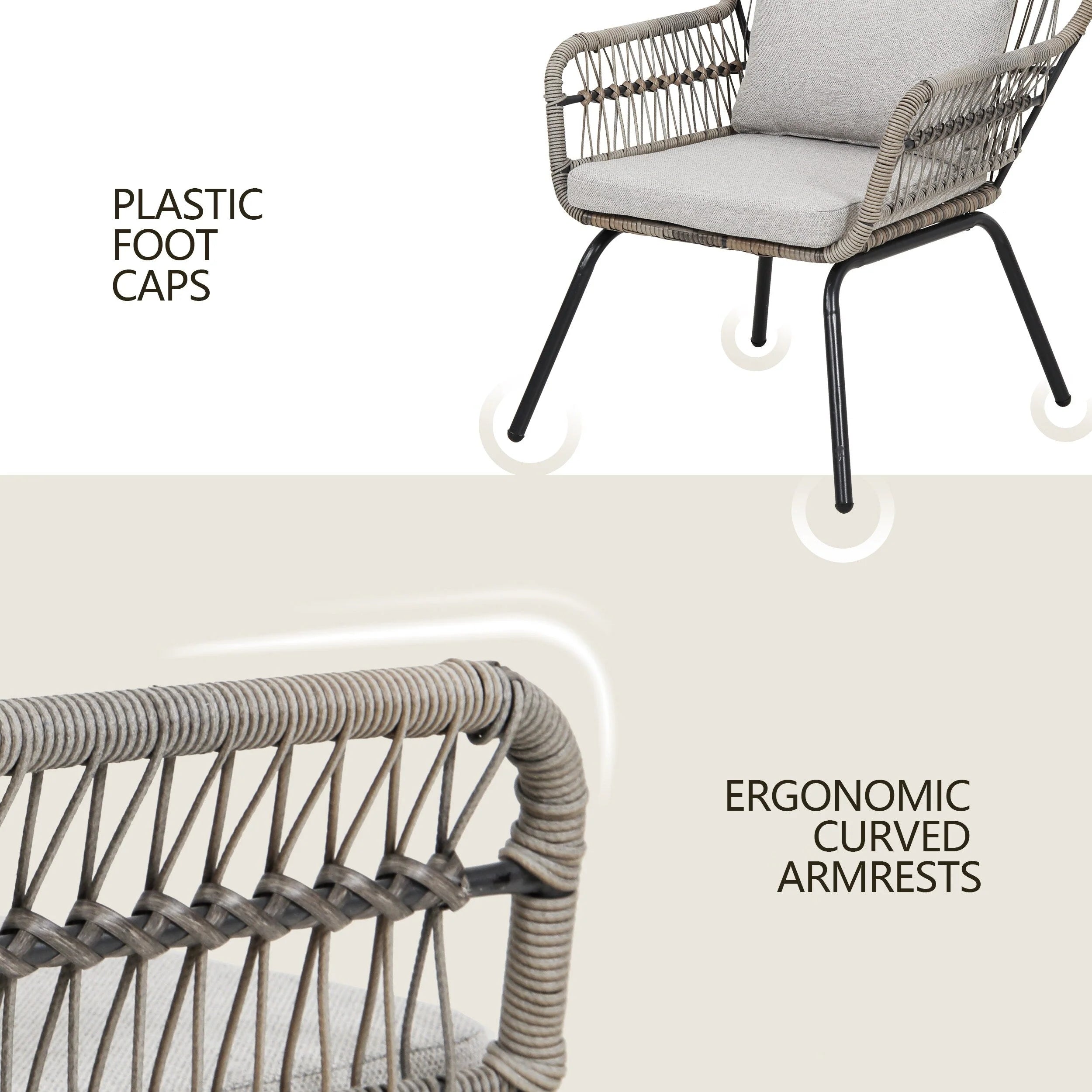 Ensemble bistrot 3 pièces d'extérieur en osier, meubles de terrasse en rotin résistant aux intempéries avec coussins