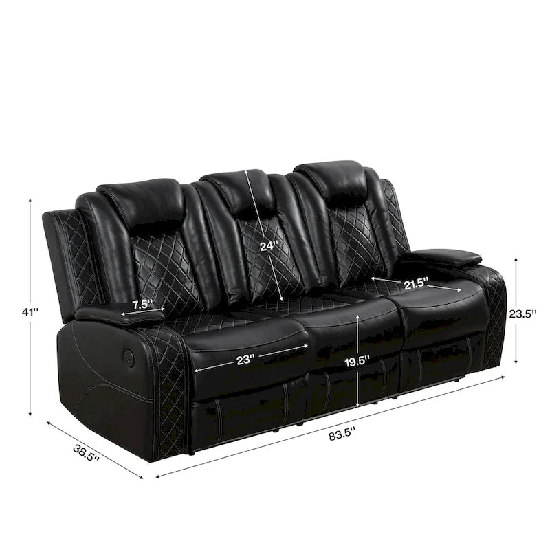 Ensemble canapé inclinable 3 places moderne en cuir avec LED et recharge sans fil