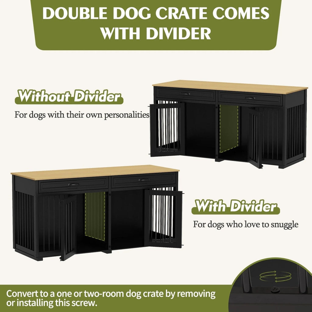 Meuble Niche Double pour Chiens en Bois avec 2 Tiroirs et Séparateur