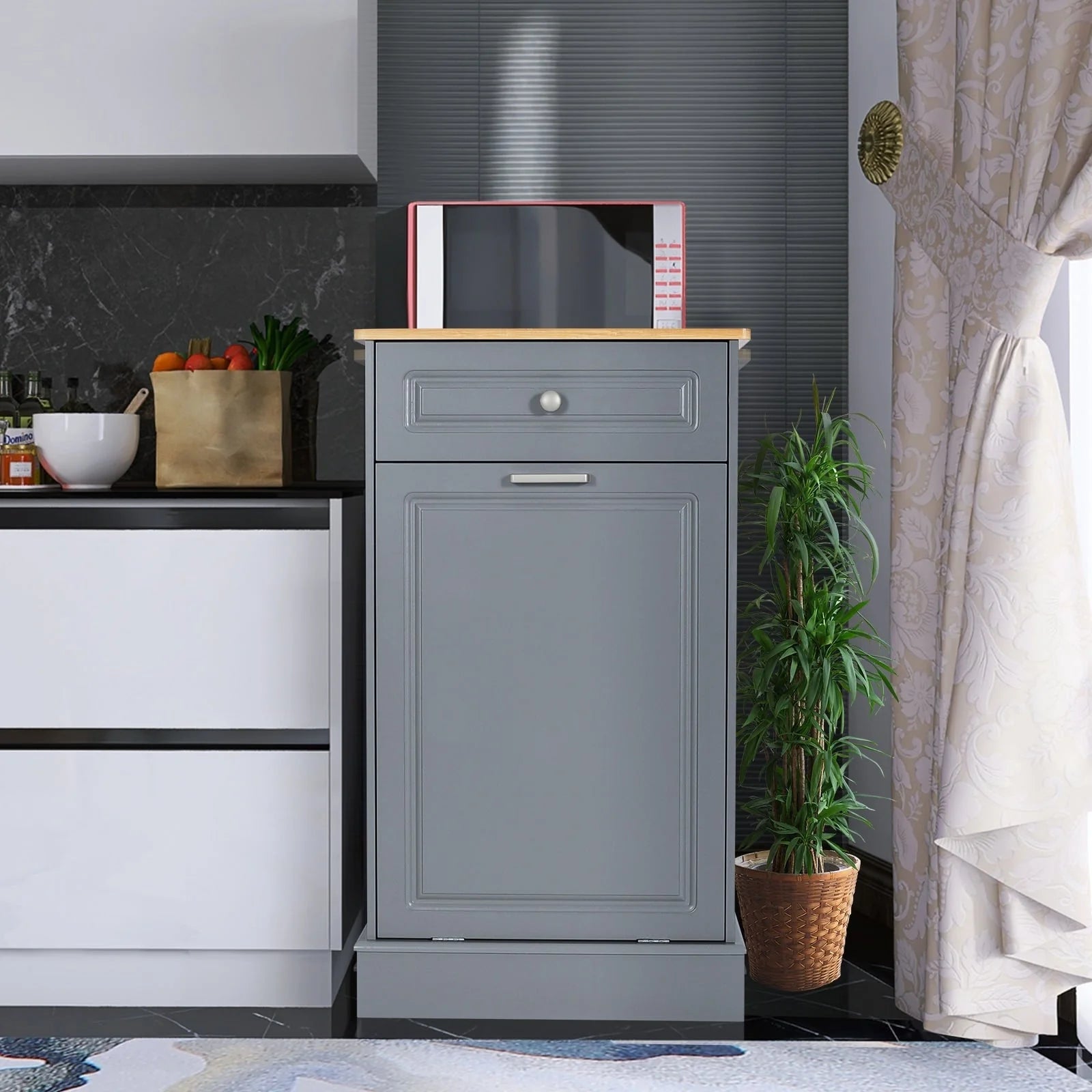 Meuble de Cuisine Poubelle Inclinable, Poubelle de Rangement en Bois, Corbeilles à Papier de Comptoir avec Tiroir