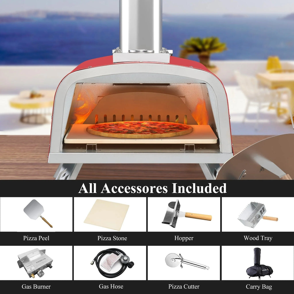 Four à pizza d'extérieur multi-combustibles avec brûleur à gaz et boîte à bois - 30 cm