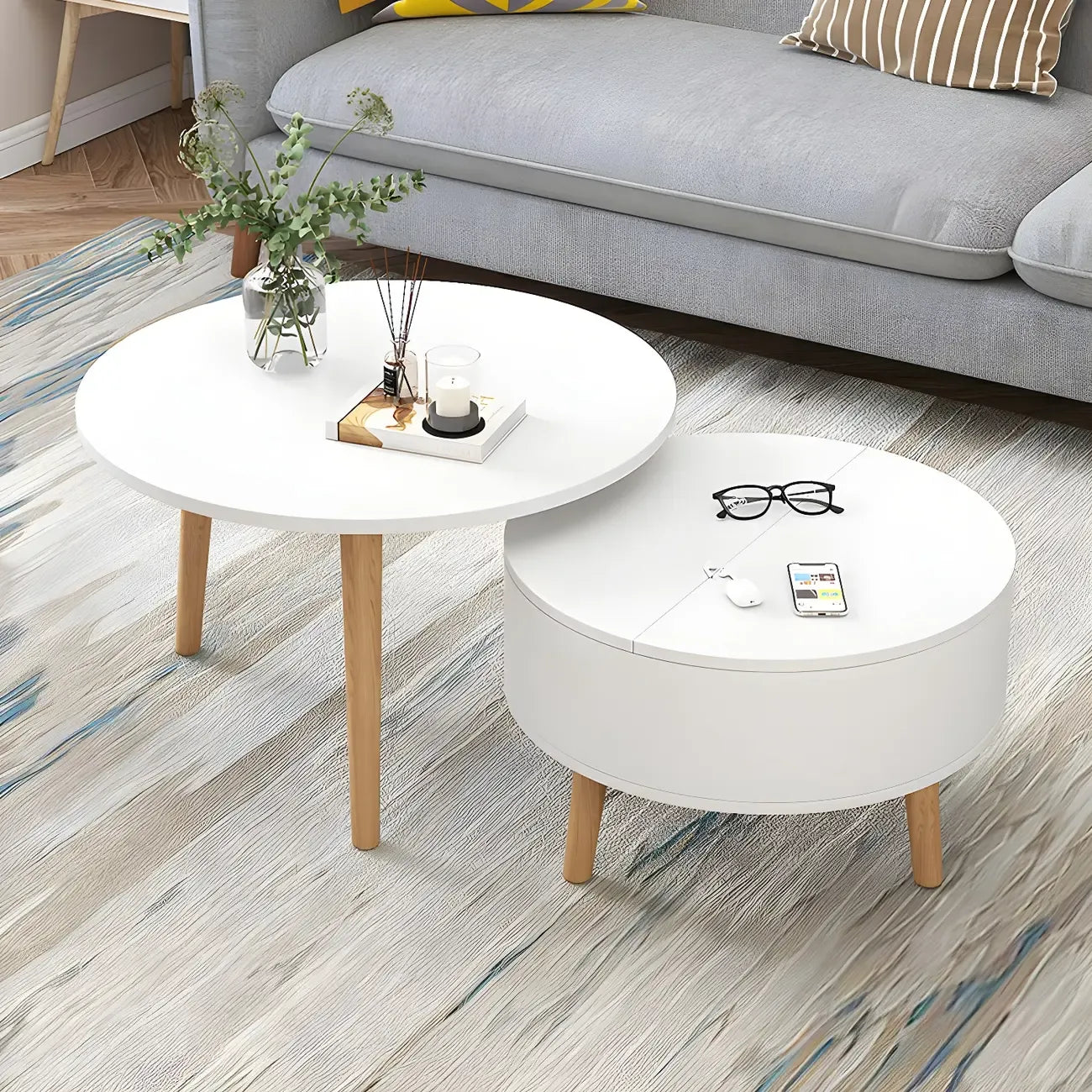Table basse ronde en bois noir et blanc moderne avec rangement