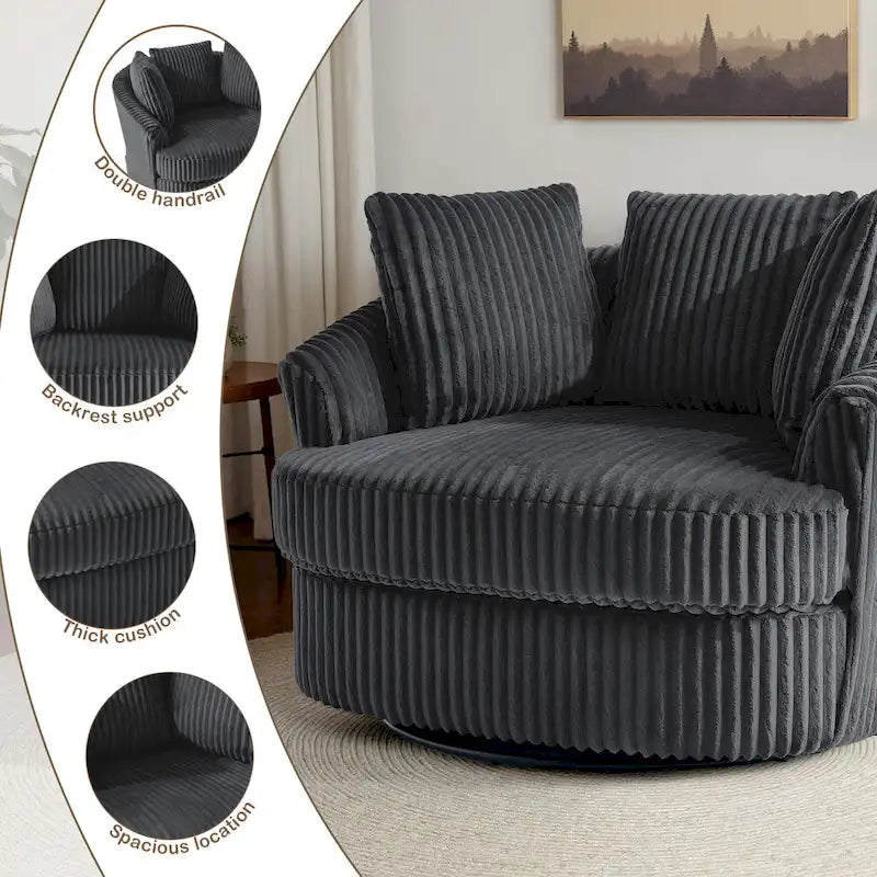 Lot de 2 fauteuils pivotants ronds surdimensionnés en velours côtelé moelleux de 43 po avec oreillers