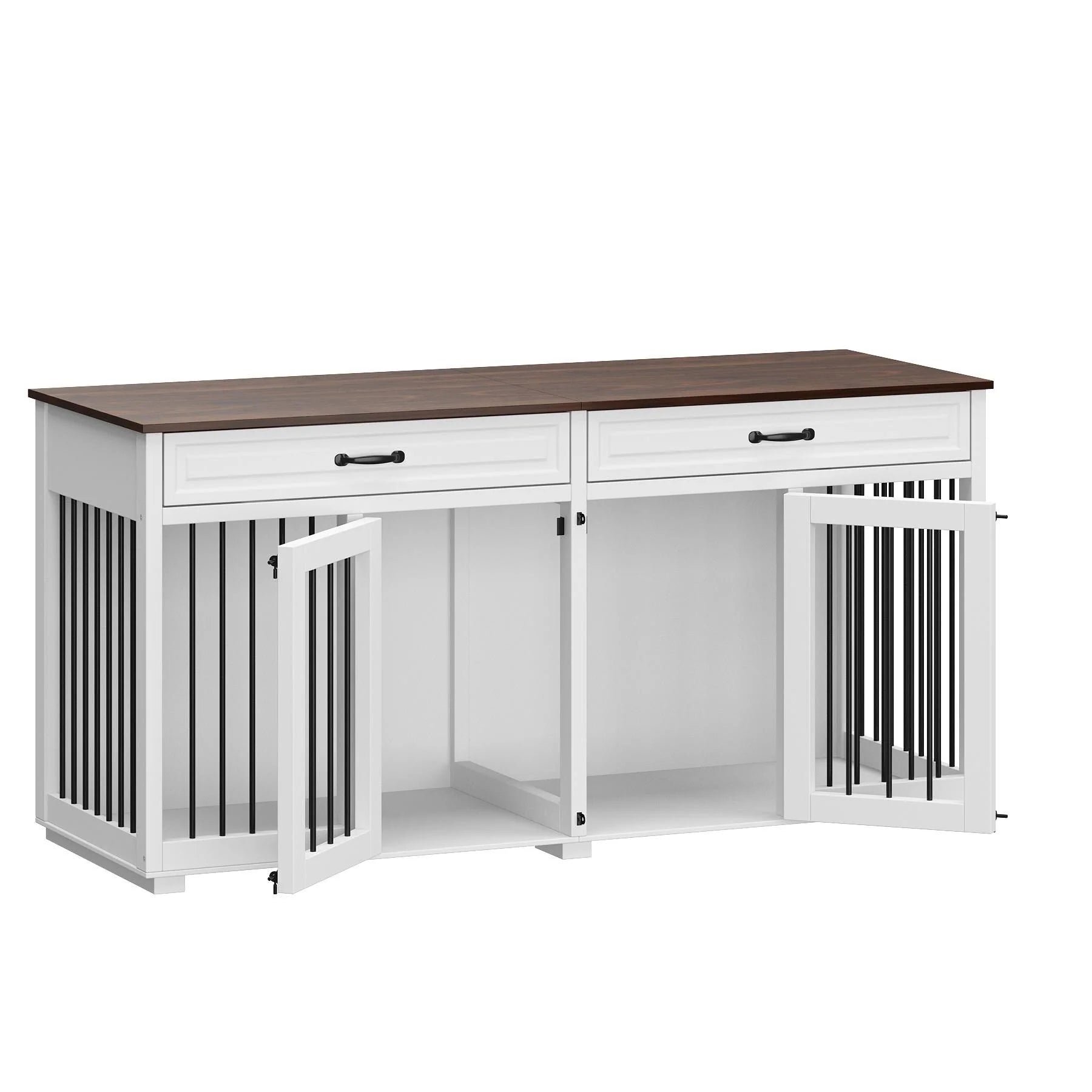 Meuble Niche Double pour Chiens en Bois avec 2 Tiroirs et Séparateur