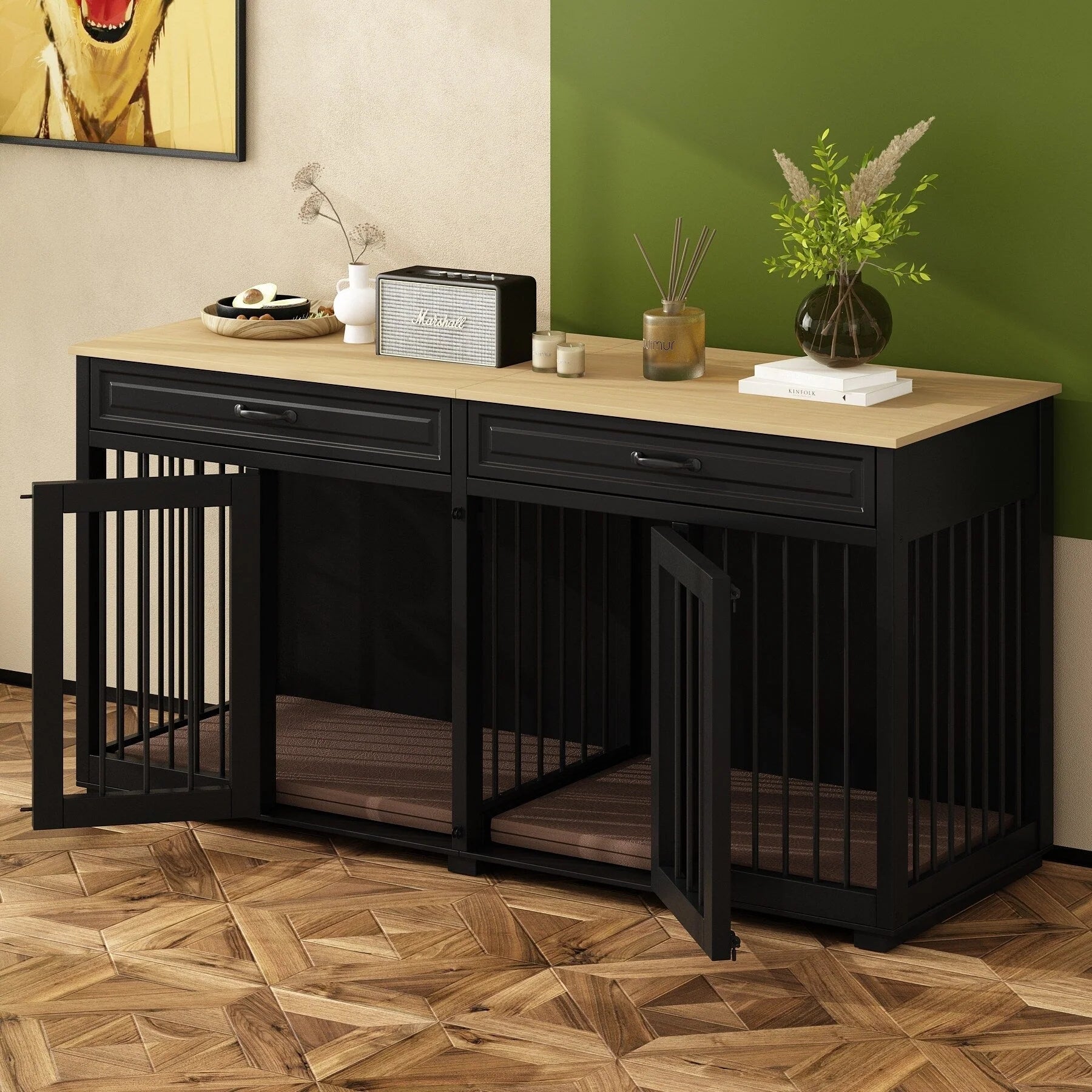 Meuble Niche Double pour Chiens en Bois avec 2 Tiroirs et Séparateur