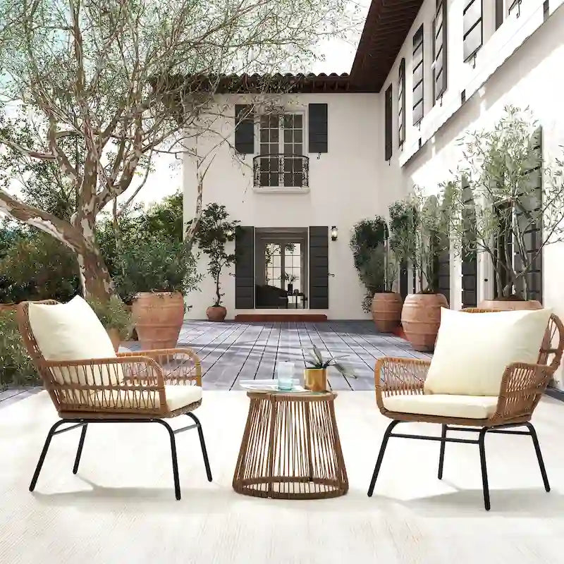 Ensemble de bistro 3 pièces pour terrasse, salon de jardin en rotin d'extérieur avec table en verre et 2 fauteuils larges, coussins d'assise