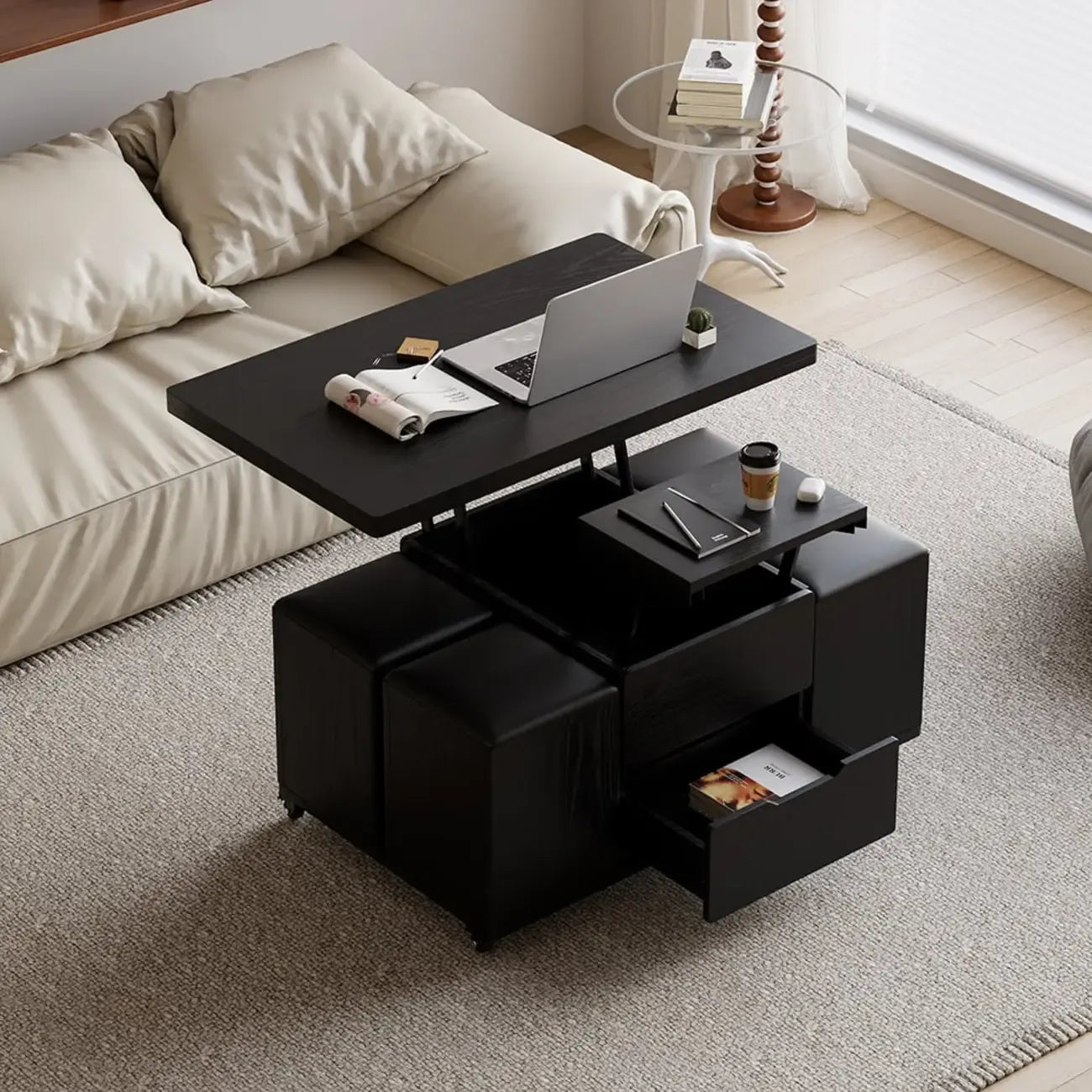 Table basse relevable et pliable avec 4 tabourets et rangement