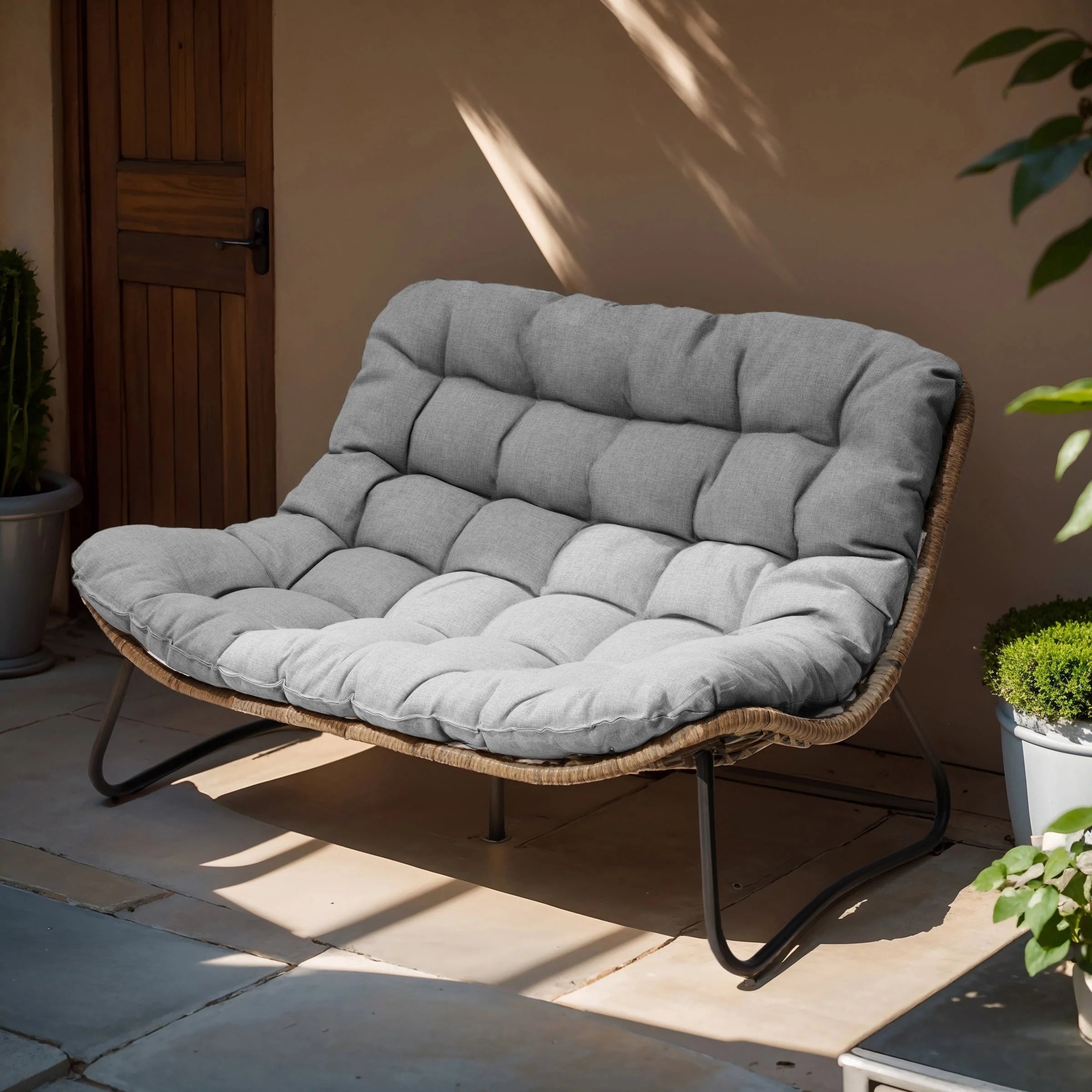 Fauteuil Double Papasan avec Coussin, en Rotin PE Résistant aux Intempéries et Cadre en Métal pour Intérieur et Extérieur