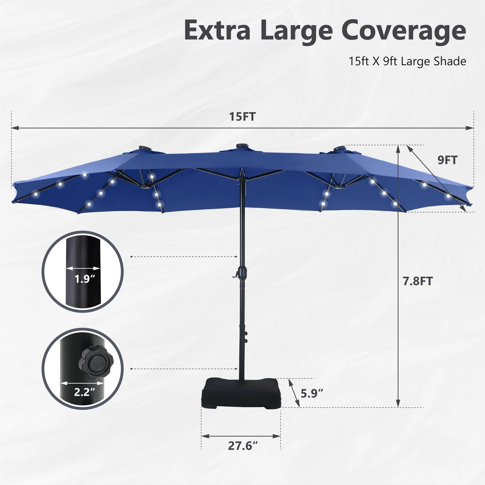 MAISON ARTS Parasol de marché extérieur rectangulaire de 4,5 m avec manivelle, double face, lumières LED solaires et base incluse