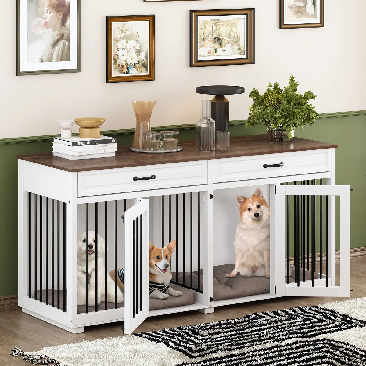 Meuble Niche Double pour Chiens en Bois avec 2 Tiroirs et Séparateur