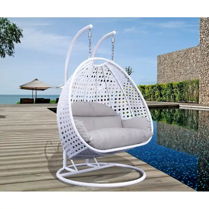 LeisureMod Fauteuil suspendu œuf 2 places avec support - Balançoire hamac de patio en rotin osier intérieur/extérieur avec coussins