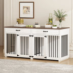Meuble Niche Double pour Chiens en Bois avec 2 Tiroirs et Séparateur