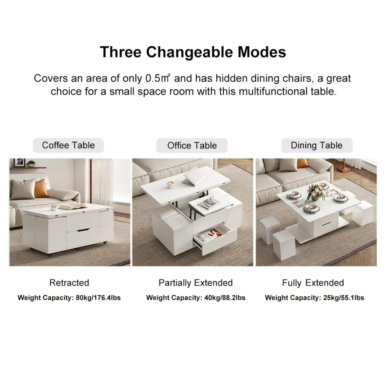 Table basse relevable et pliable avec 4 tabourets et rangement