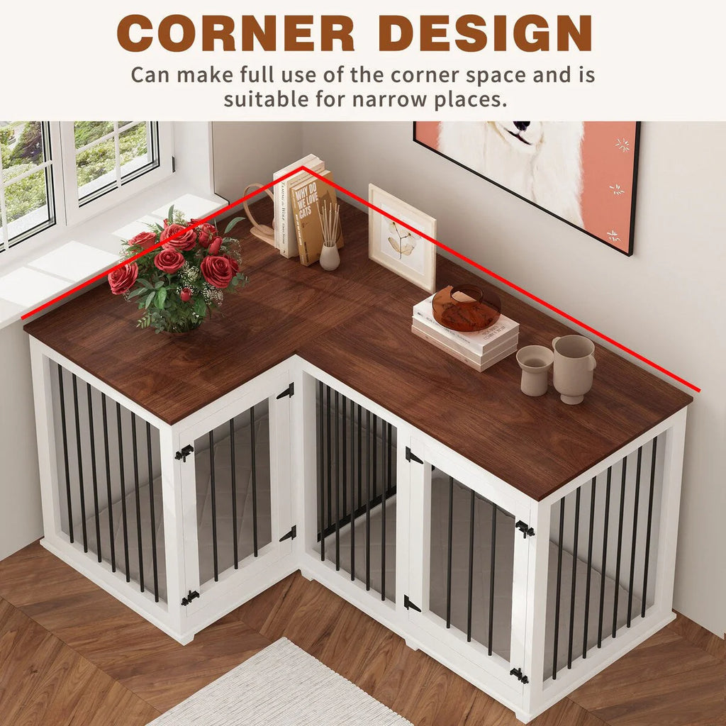 Meuble Grande Cage d'Angle pour 2 Chiens, Cage en Forme de L - 58,7X41,1