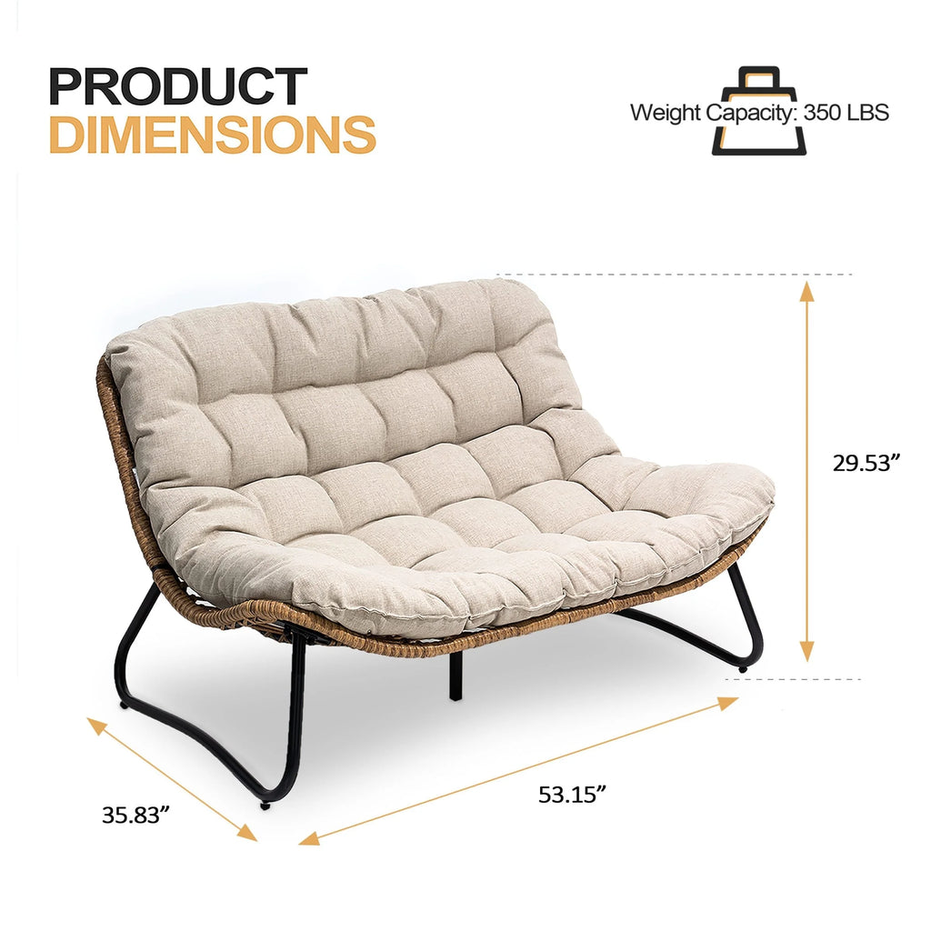 Fauteuil Double Papasan avec Coussin, en Rotin PE Résistant aux Intempéries et Cadre en Métal pour Intérieur et Extérieur