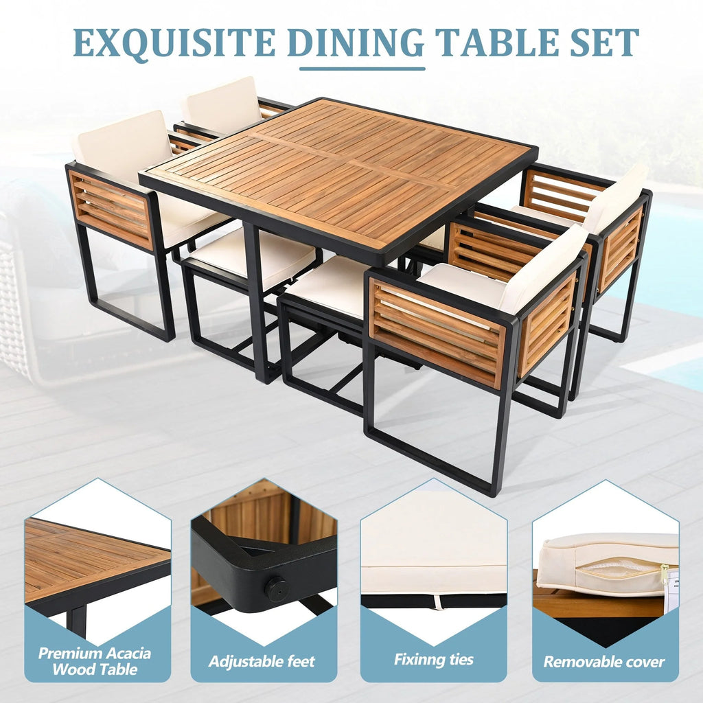 Ensemble de salle à manger de patio en bois d'acacia de 18 pièces, 8 chaises coussinées et 8 poufs et 2 tables carrées