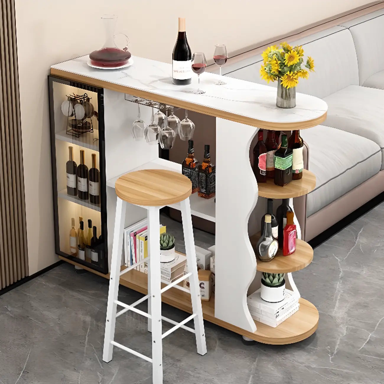 Table de bar îlot avec plateau en pierre et rangement pour bars à domicile