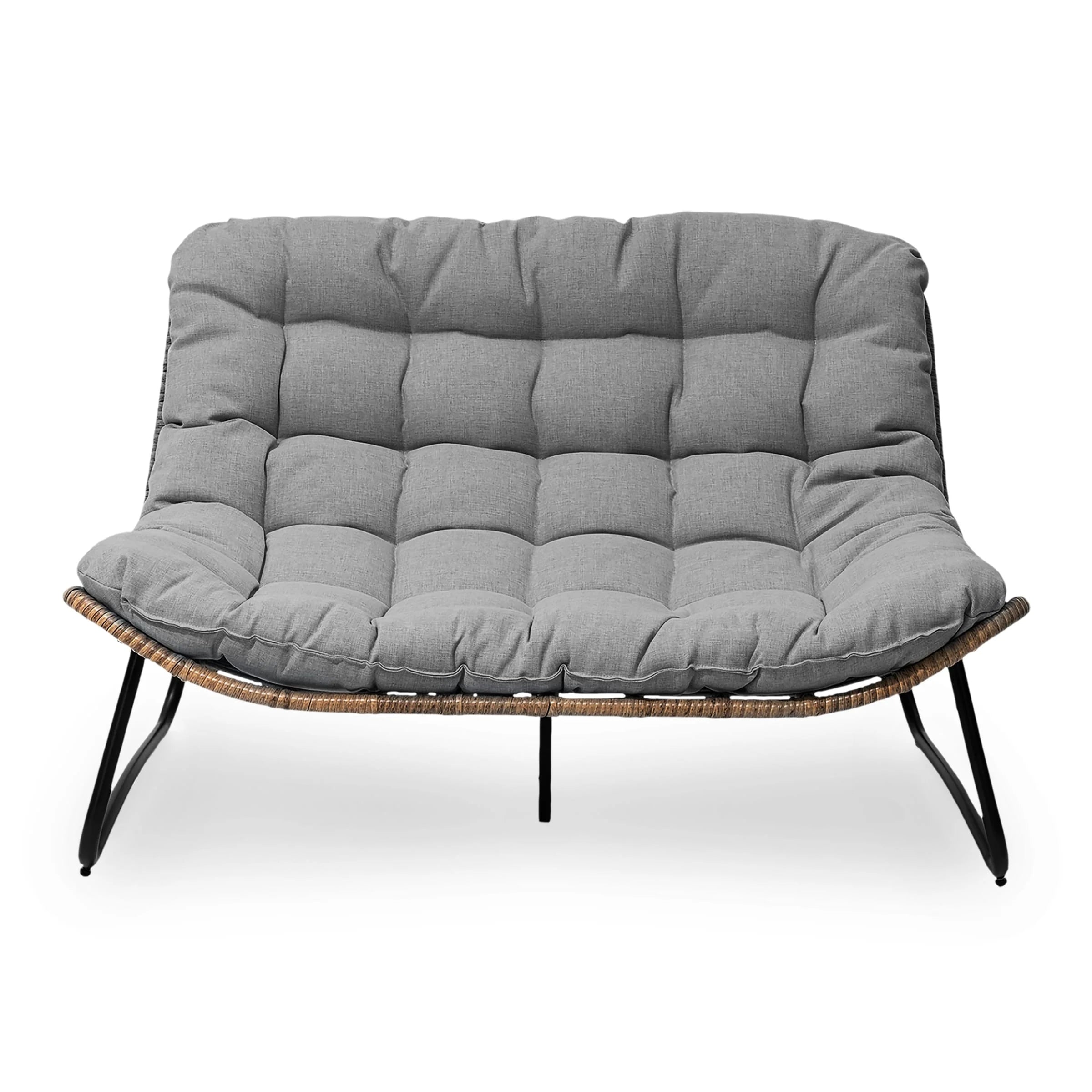 Fauteuil Double Papasan avec Coussin, en Rotin PE Résistant aux Intempéries et Cadre en Métal pour Intérieur et Extérieur