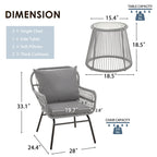 Ensemble de bistro 3 pièces pour terrasse, salon de jardin en rotin d'extérieur avec table en verre et 2 fauteuils larges, coussins d'assise
