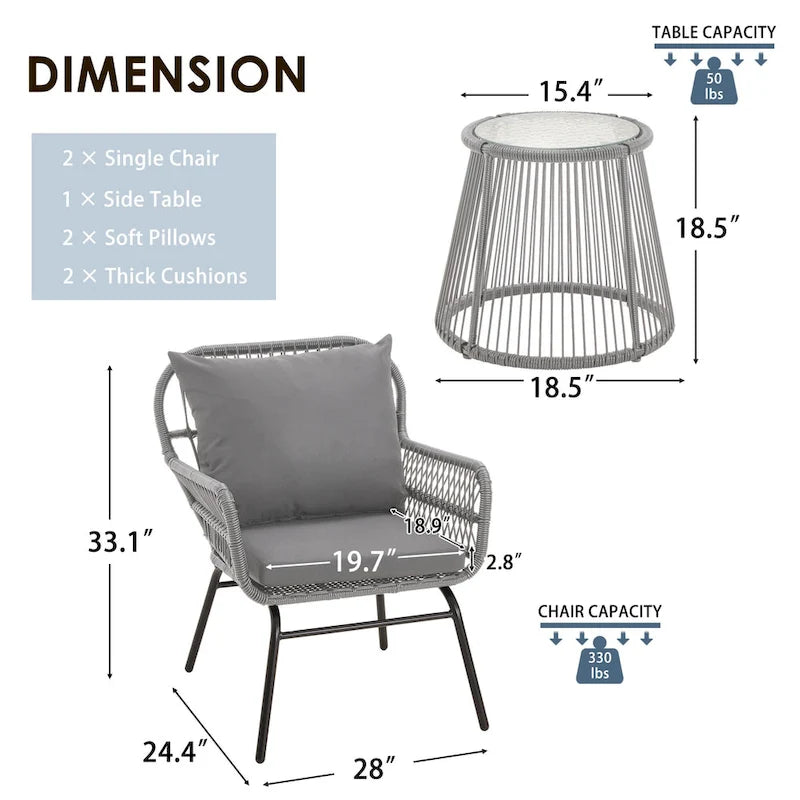 Ensemble de bistro 3 pièces pour terrasse, salon de jardin en rotin d'extérieur avec table en verre et 2 fauteuils larges, coussins d'assise