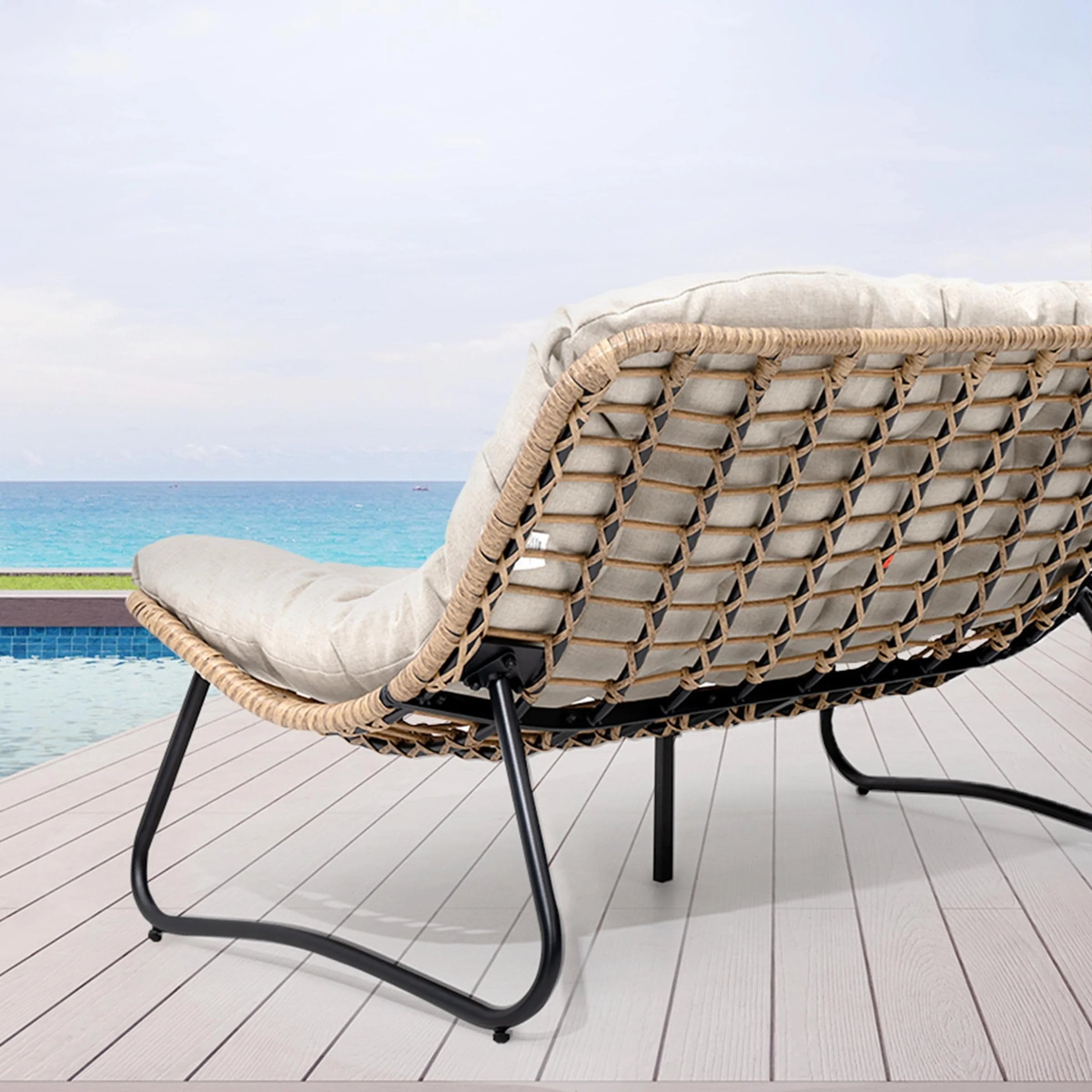 Fauteuil Double Papasan avec Coussin, en Rotin PE Résistant aux Intempéries et Cadre en Métal pour Intérieur et Extérieur