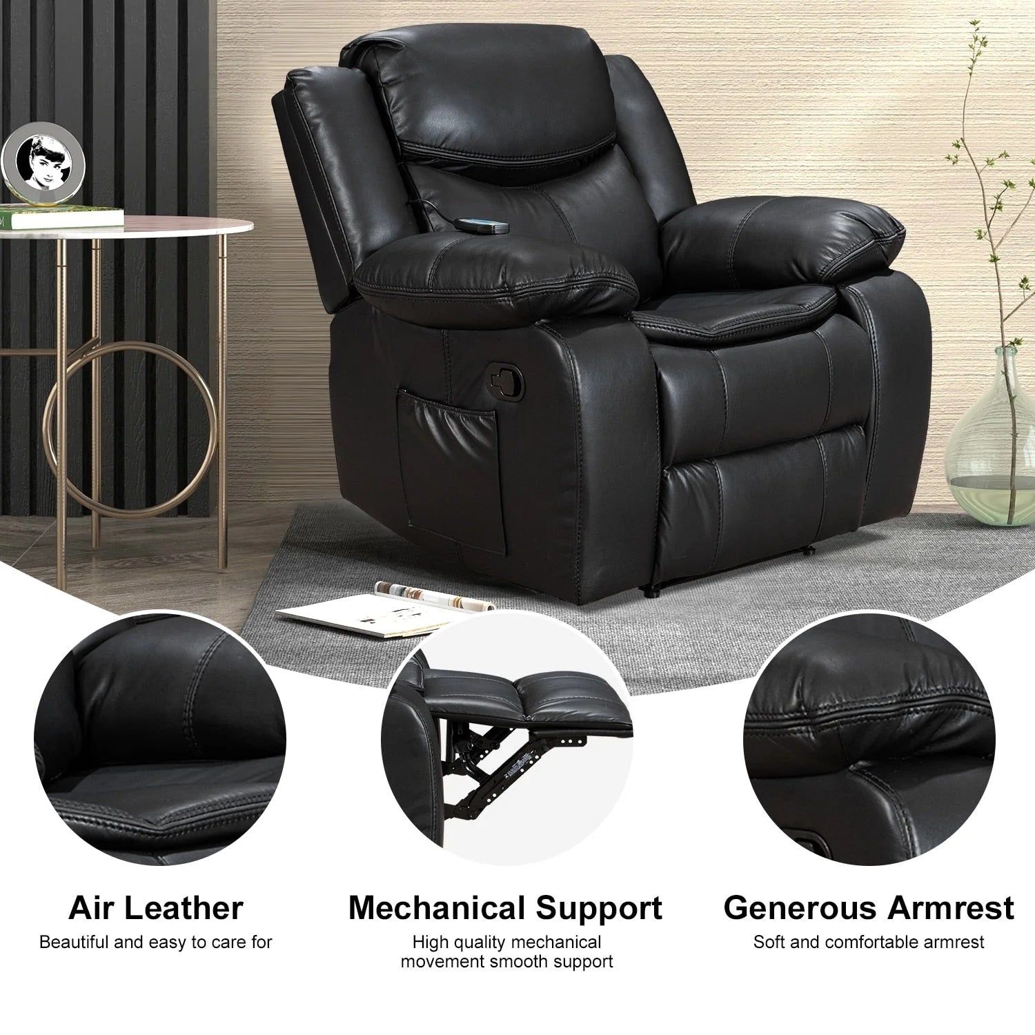 Fauteuil inclinable en cuir, large, durable, avec massage et chauffage