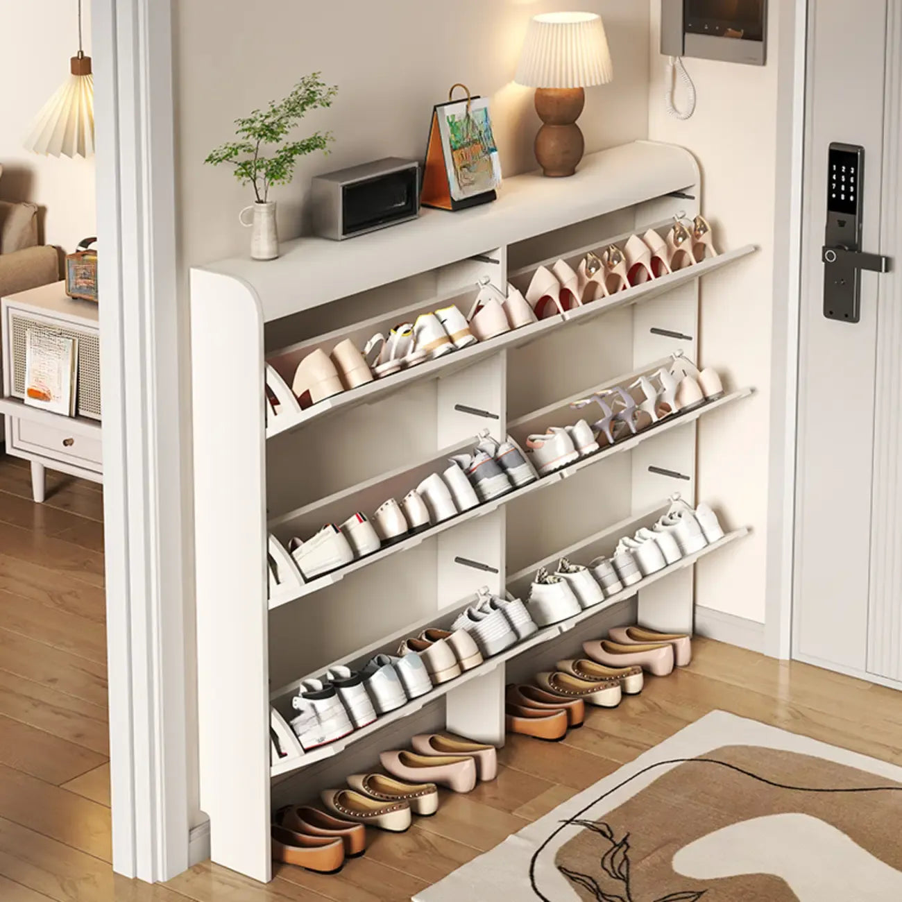 Meuble de rangement pour chaussures en bois blanc à 3 niveaux et à façade abattante Slim