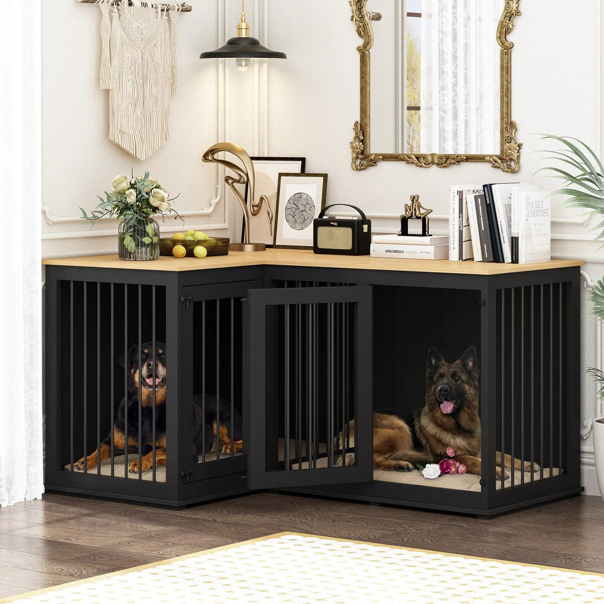 Meuble Grande Cage d'Angle pour 2 Chiens, Cage en Forme de L - 58,7X41,1