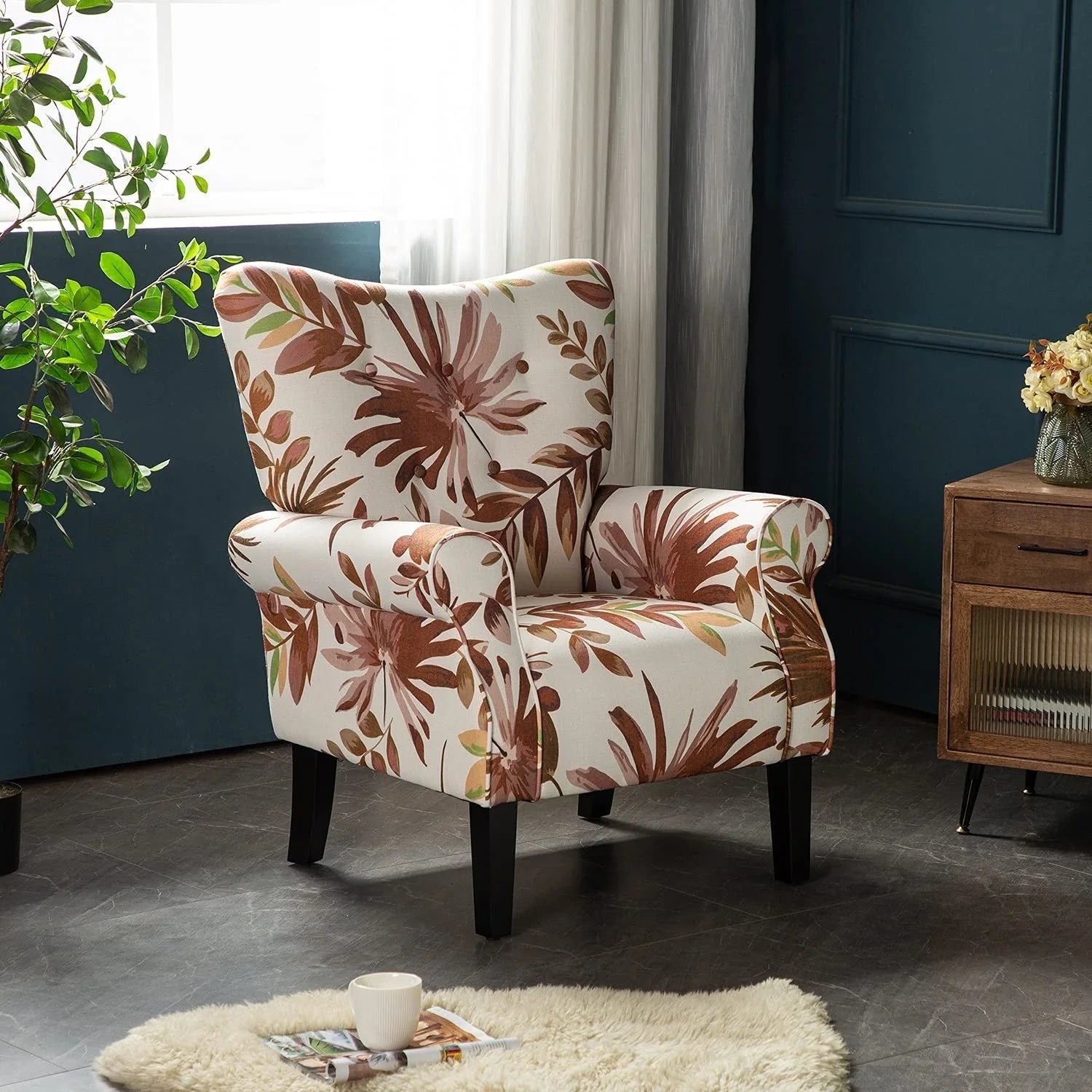 Fauteuil d'appoint moderne Erommy, fauteuil à dossier haut, canapé individuel en tissu capitonné avec pieds en bois pour salon
