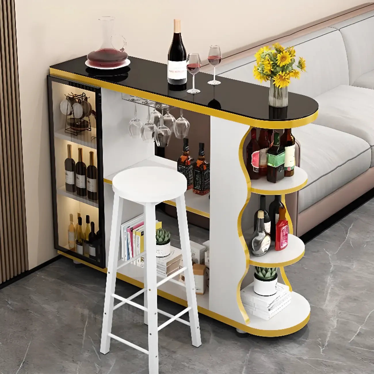 Table de bar îlot avec plateau en pierre et rangement pour bars à domicile