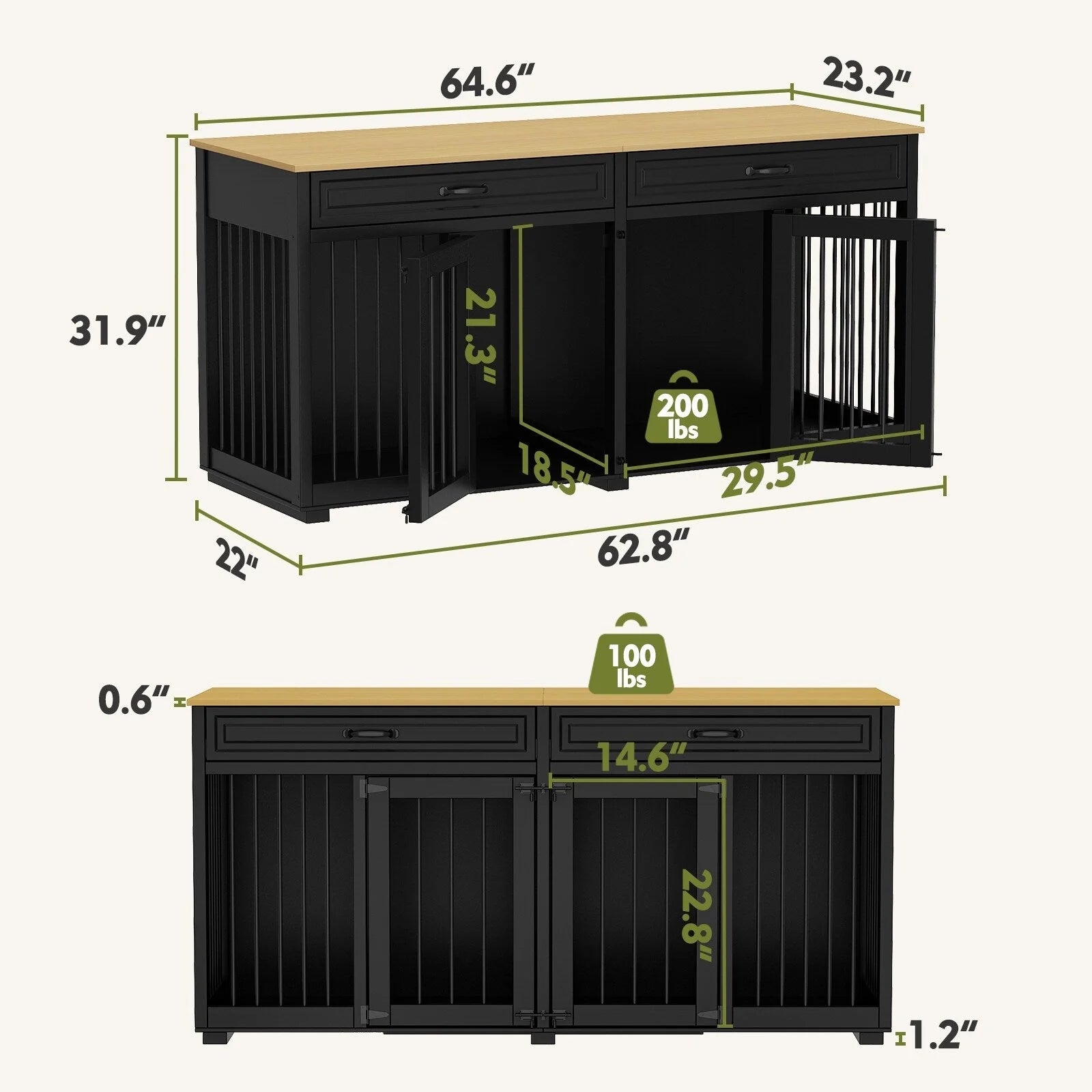 Meuble Niche Double pour Chiens en Bois avec 2 Tiroirs et Séparateur